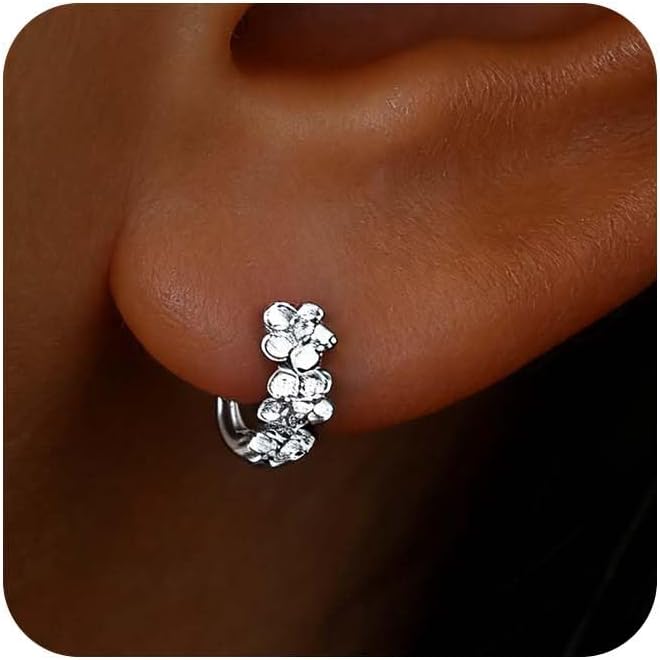 Minimalist Flower Hoop Earrings for Women Small Silver Hoop Earrings Tiny Daisy Flower Earring Round Huggie Earring Jewelry