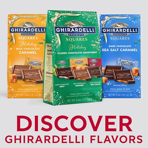 Image of GHIRARDELLI Holiday Classic Chocolate Assortment SQUARES - Limited Edition Milk & Dark Chocolate Candy with Caramel and Mint Flavors, Individually Wrapped, 8.6 oz Bag (Pack of 2)