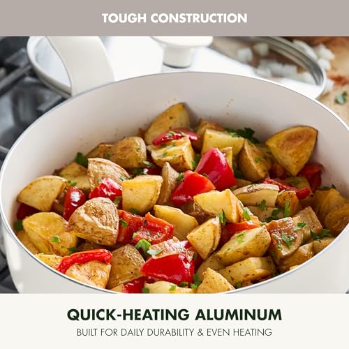 Image of GreenPan Rio Advanced 5QT Saute Pan With Tempered Glass Lid, 5QT Ceramic Nonstick pan with Helper Handle, PFAS-Free, Induction Ready, Dishwasher and Oven Safe, Cream White