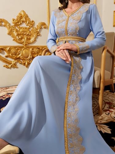 Image of Abaya for Women Floral Embroidered Muslim Dress V-Neck Arabian Maxi Robe