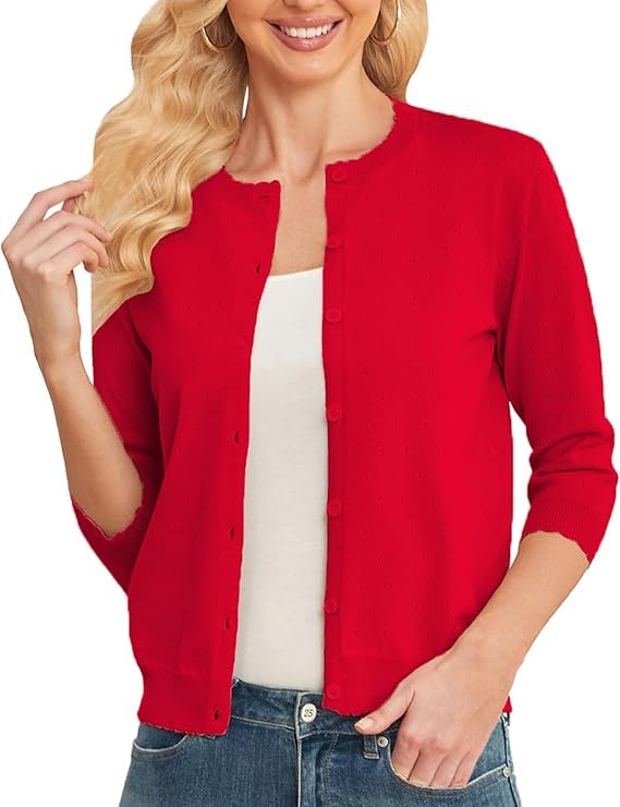 CUNYI Rebeca Mujer Corta Manga 3/4 Cárdigan Punto Ligero Cuello Redondo Suéter Elegante con Botones, Rojo M