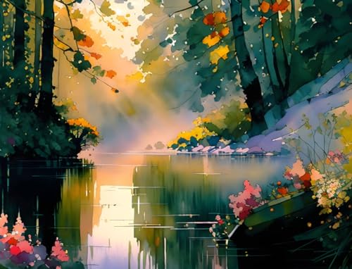 Tableau sur toile lac et soleil GerRit 58x90 cm pour salon cocooning