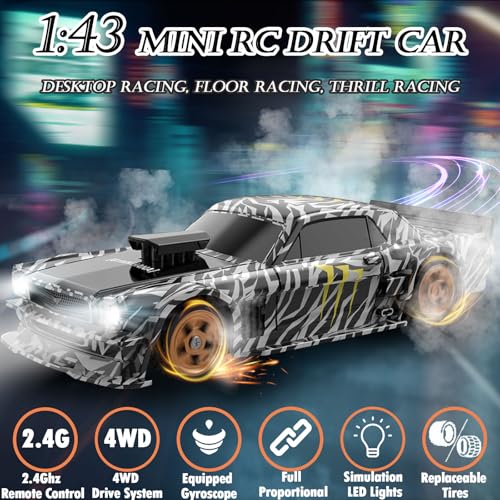 Image of 1 /43 Mini RC Drift Car with Gyroscope, 2.4GHz 4WD Full Proportional High Speed Micro Hobby RC Cars with Lights Racing Tires, Fast Small Remote Control Car, Toy Model Gift for Adults Kids Boys Girls