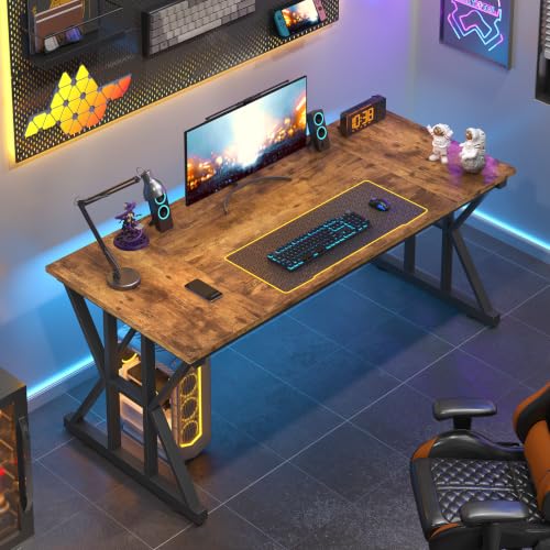 Image of 55 inch Large Computer Desk with Thickened Frame for Home Office, Living Room | Modern Simple Executive Desk, Larger Gaming Desk with X-Shaped ReInchforcement, Rustic Brown