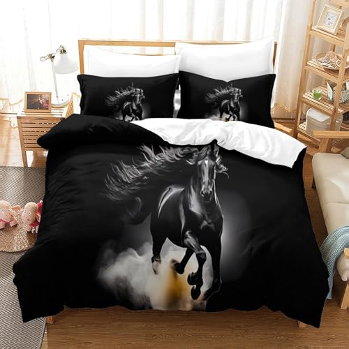 Parure de lit cheval noir effet 3D en microfibre super douce
