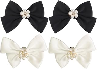 YARNOW Xmas Bowknot Shoe Clips 2 Pairs Cloth Metal Wedding Prom Decor | Black and Beige Pair Set, Reusable Front Side Back Attachment, Elegant Refined Style for Purses Scarves