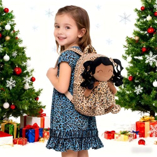 Image of Gloveleya Toddler Backpack Baby Girl Gifts Curly Hair Plush Figures Dress Backpack Kids Backpack Curly Hair Spring Girl - Black Leopard 9inches