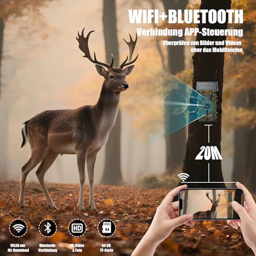 Splixora Wildkamera WLAN mit Handyübertragung App,Wildtierkamera mit Nachtsicht Bewegungsmelder,4K 60MP, Solar Eingebaute Lithiumbatterie 5200mAh,64GB SD Karte,0,1S Auslöser, IP66 Wasserdicht