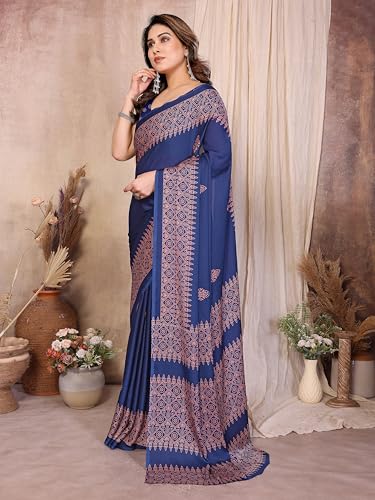 Image of Amazon Brand - Tavasya Womens Blocked Printed Daily Wear Chiffon Georgette Saree With Blouse With Blouse