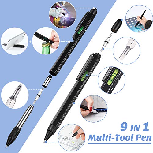 10 Pieces Multitool Pen Set, 9 Pieces 6 in 1 and 9 in 1 LED Light Touchscreen Multifunctional Stylus Pen with Ruler Level Bottle Opener Screwdriver, 10 Refills for Men (Multi-color)