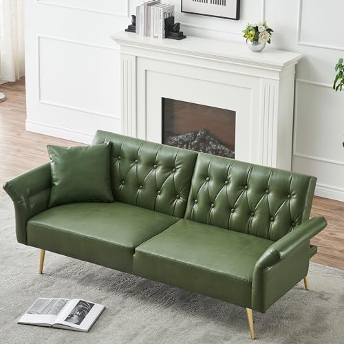 Aoowow Leather Sofa Bed with Sort Pillow Convertible Futon Couch Sofa Bed with Adjustable Armrests Modern Loveseat for Living RoomBedroom Green Leather