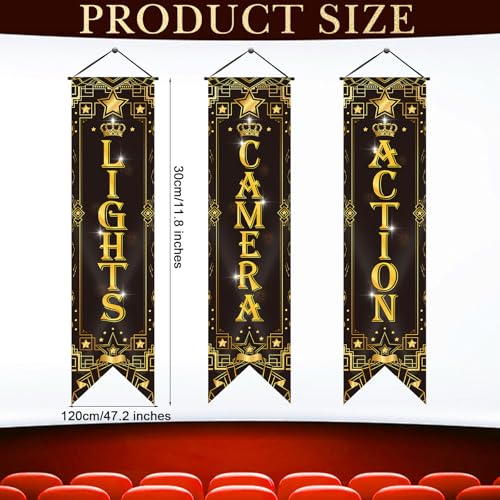 Image of Tegeme 3 Pcs Movie Night Porch Sign Banner Movie Theme Party Decorations Theater Welcome Now Showing Light Camera Action Hanging Porch Sign for Home Film Backdrop Party Supplies (Black,Star)
