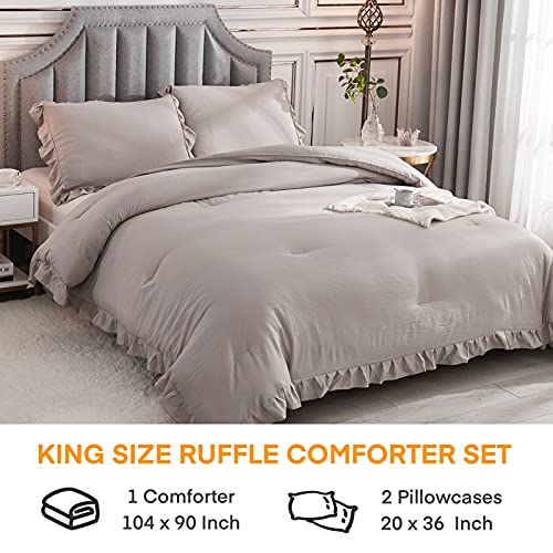 Andency Wheat Ruffled Comforter King(104X90Inch), 3 Pieces(1 Ruffle Comforter And 2 Pillowcases) Vintage Ruffle Fringe Comforter, Farmhouse Rustic Microfiber Down Alternative Bedding Comforter Set #TOP1
