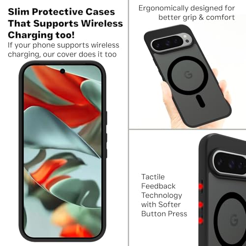 Image of RIGGEAR Shockproof Sleek Hybrid Armor Back Cover Case Compatible with MagSafe Accessories for Google Pixel 9 / Pixel 9 Pro (Smoke Black Matte PC + Black TPU Bumper)