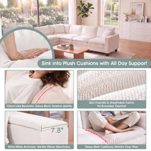 Image of 97 inch V Shaped 5 Seat Sectional Couch, Comfy Chenille Upholstered Modular Cloud Sofa, Convertible L Shaped Corner Couch with Storage Armrests & 2 Pillows, Sectional Couches for Living Room, Beige