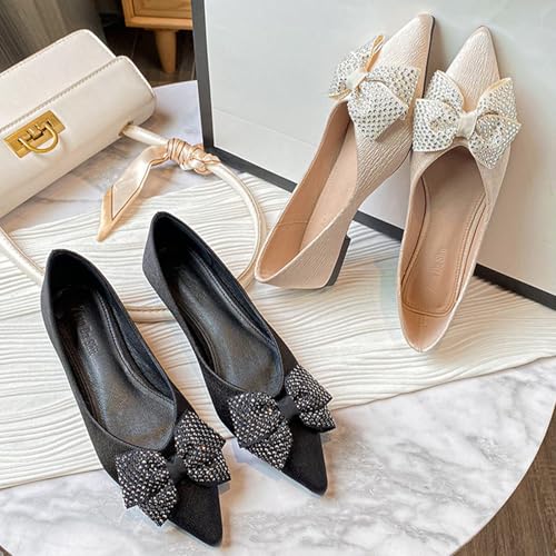 Women's Rhinestone Bow-Knot Ballet Flats Fashion Pointed Toe Slip-On Soft Bottom Low Block Heel Dress Shoes Lightweight Non-Slip Mom Nurse Walking Shoes2
