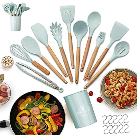 Honeueuen Kitchen Utensil Set, 22 Pieces Silicone Cooking Utensils Set, Natural Wooden Handles Cooking Tool BPA Free Non Toxic Non Stick Heat Resistant Silicone Kitchen Gadgets Utensil Set, Green Cover