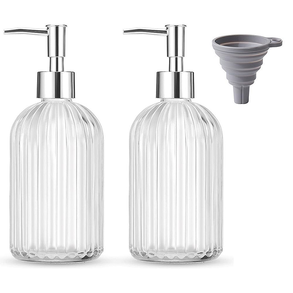 TRIXES Botellas dispensadoras de jabón de Vidrio Acanalado, Paquete de 2, con Bomba cromada y Embudo de Silicona, 400 ml