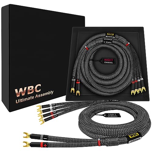 WORLDS BEST CABLES 8 Foot Ultimate - 7 AWG - Ultra-Pure OFC – Extra Premium Audiophile HiFi Bi-Wire Speaker Cable Pair with Eminence Gold Spade Plugs & Carbon Tweed Jacket