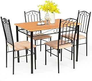 TANGZON 5PCS Dining Table Set, Steel Frame Rectangular Kitchen Table with 4 High Back Sponge Padded Chairs, 5 Pieces Dining Set for Living Room, Dining Room, Cafe & Restaurant (Fabric Seat, Orange)