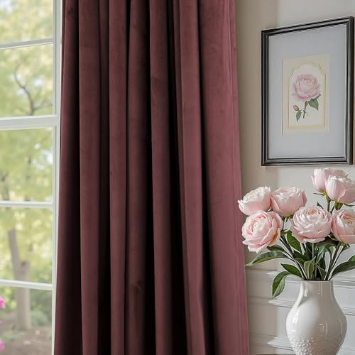 Image of Ruby Wine Velvet Curtains 96 Inches Long for Living Room 2 Panels Light Blocking Energy Efficient Cute Pretty Drape Thick Privacy Nursery Girls Curtain for Bedroom Dining Mauve Plum Colored 96 Length