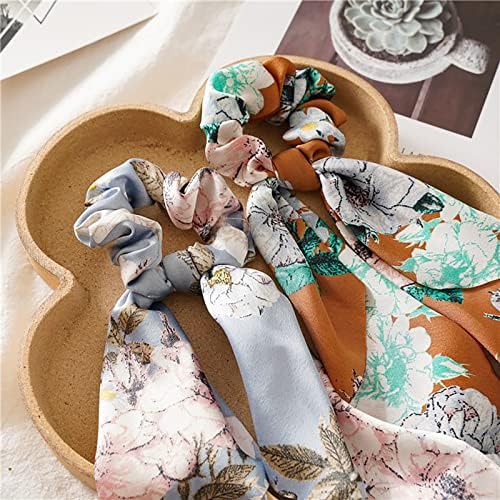 5PCS Chiffon Hair Bands Headband Scarfs Bowknot Hair Scrunchies for Women Girls,Triple layer Elastic Hair Ties Ponytail Holder Hair Print Bandanna Cute Bunny Ear Bow Scrunchies (5PCS Floral Headband)
