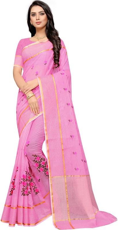Leeza Fashion Women's Pink Supernet Kota Doria Style Saree with Floral Embroidered Pattern, Golden Zari Border & Pallu, with Blouse Piece (0.8 Mtr)