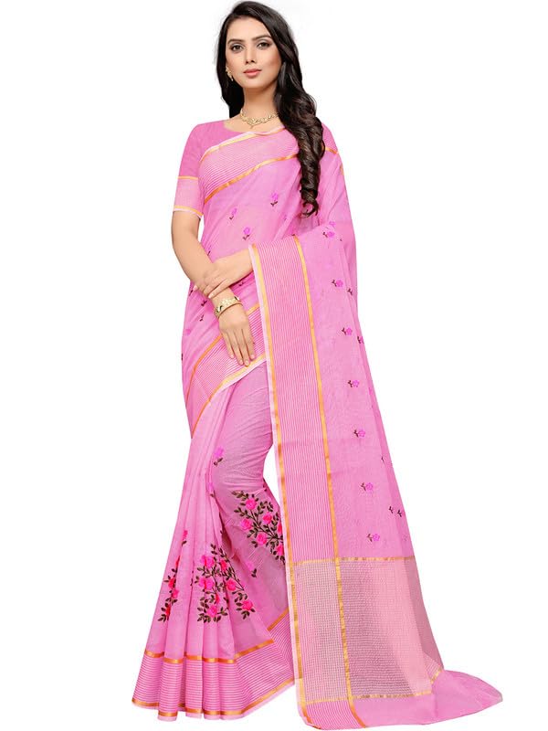 Leeza Store Women's Plain Zari Border Floral Embroidered Net Saree With With Blouse Piece, Pink, One size