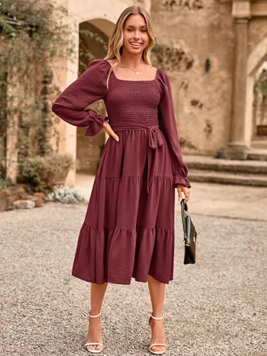 Image of Simplee Womens Long Sleeve Maxi Dress Casual Square Neck Smocked Flowy Fall Wedding Guest Dresses