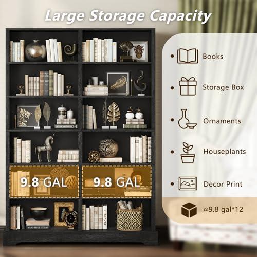 Image of TVU 6-Tier Wood Book Shelf, 47 inch Wide Large Bookcase and Bookshelf, 76 inch Tall Bookcase with Storage, Freestanding Wood Display Book Shelves for Living Room, Home Office, Black