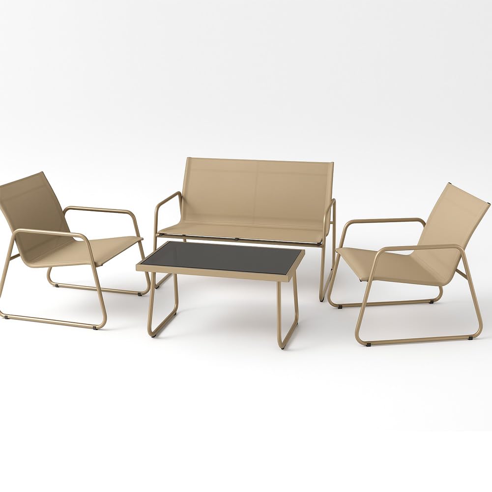 BAKAJI Set Salotto da Giardino con 2 Sedie, Divano e Tavolino con Rivestimento in Tessuto Traspirante, Poltrone da Esterno con Tavolo e Divanetto, Ideale Patio, Balcone, Bistrot, Ristorante (Beige)