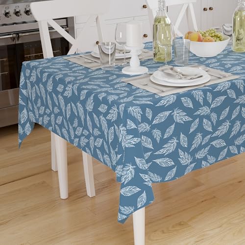 Image of Encasa XO Dining Table Cover Cloth for 4 to 6 Seater (56 inchx72 inch) | Cotton Rectangular Dining Table Cloth - Machine Washable Rectangle Tablecover for Wedding, Party, Buffet - Big Leaves Blue