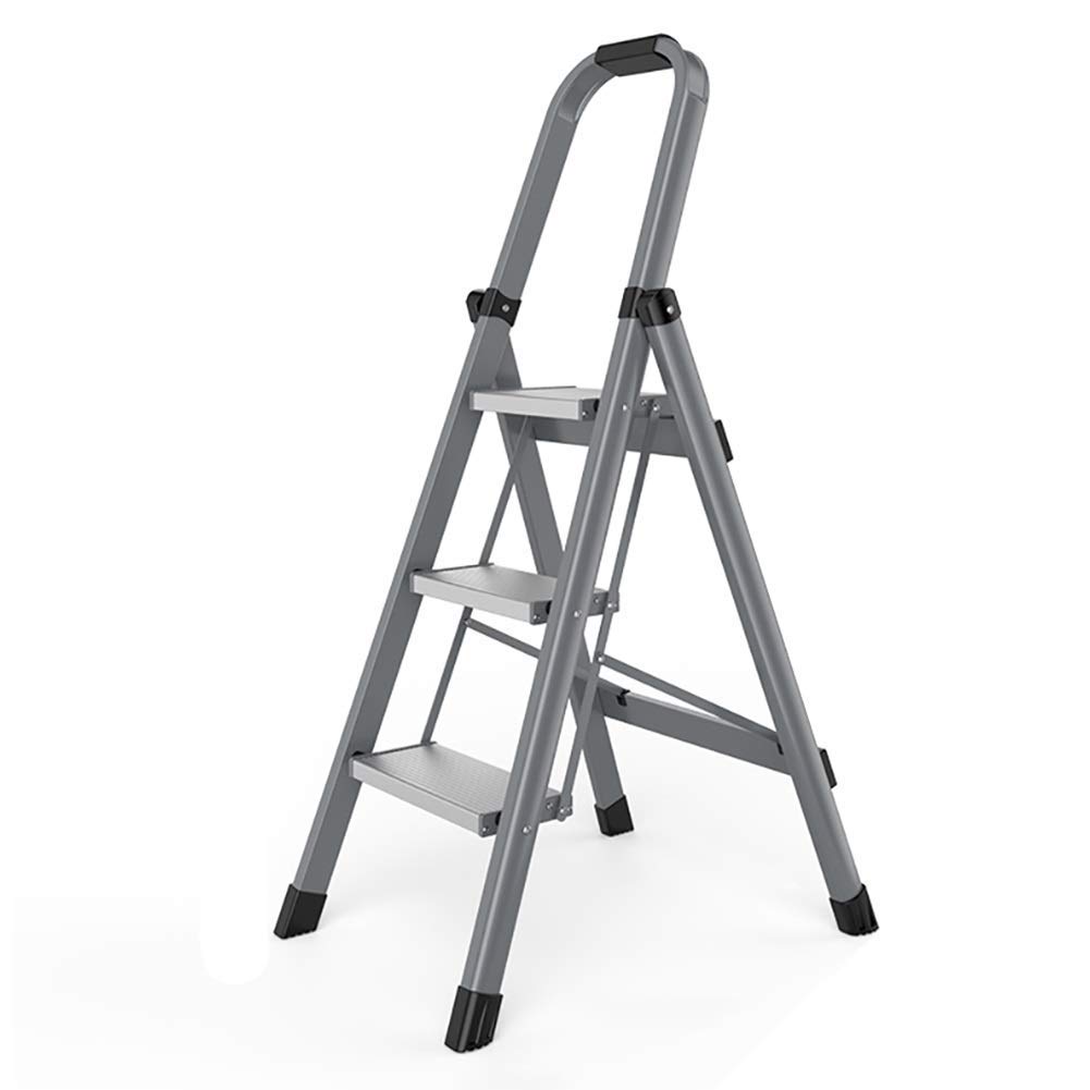 Escaleras de tijera plegables de aluminio CHEWYNP con 3 pasos y reposabrazos color gris