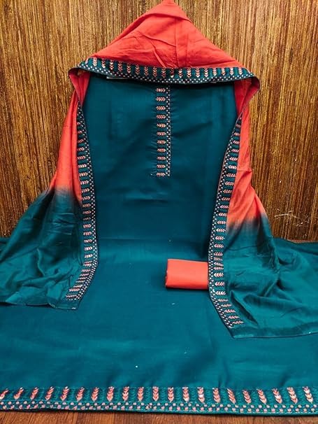 Image of HMP Fashion Womens Bombay Cotton Embroidery Tie Cotton Unstitch dress Material With Chanderi lace bordered Dupatta