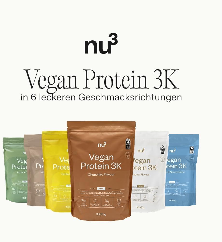 nu3 vegan Protein 3K Vanille 1 kg - Protein-Powder, pflanzlich, laktosefrei, ohne Soja, zuckerarm, gelatinefrei, aspartamfrei, cremig, Eiweißpulver für Muskelaufbau, Training & Alltag - 3x1000 g
