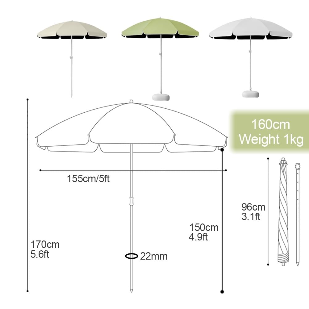 Ombrellone da spiaggia rotondo piccolo 160cm, ombrellone parasole portatile da esterno da 220cm con copertura, protezione UV 50+, impermeabile, regolabile in altezza