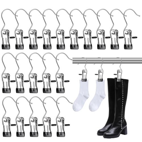20 Stück Wäsche Haken, Edelstahl Wäsche Haken, Klammerhaken rutschfeste, Stiefelklammer, Wäscheklammern Edelstahl, Kleiderbügel Clip 360° Drehbarer, für Hosen, Schuhe, Handtuch, Schals, Mützen