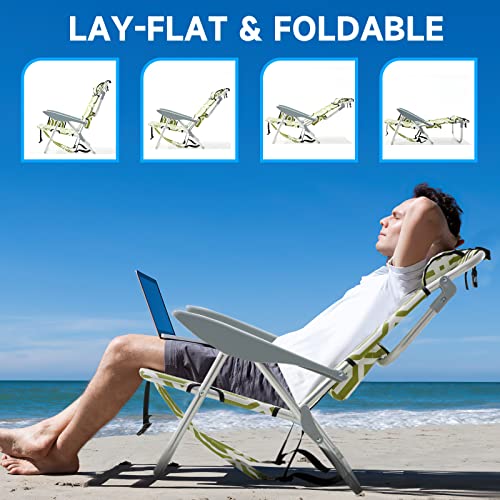 Canpsky Portable Beach Chair For Adults, Outdoor Lightweight Camping Chair Lay Flat Folding Backpack Beach Reclining Chair With 4 Positions, Headrest, Cooler Pouch, Cup Holder, Yellow Green Geometry #TOP5