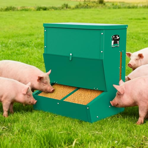 PURRPAXZ Pig Feeder 2-Door Heavy Duty Galvanized Steel Hog Feeder 3.7 Bushels Capacity Outdoor Pig Feeders with Visable Feed Design Livestock Feeder for Barn Farm Feeding up to 5 Small Hogs Green