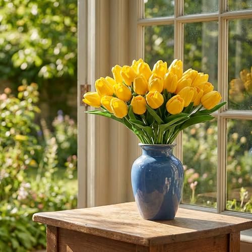 Image of 20Pcs Stems 13.5 Inch Yellow PU Artificial Moisturizing Tulips, Faux Tulips Flowers for Thanksgiving Christmas Decorations Wedding Home Table Vase Floral Arrangements