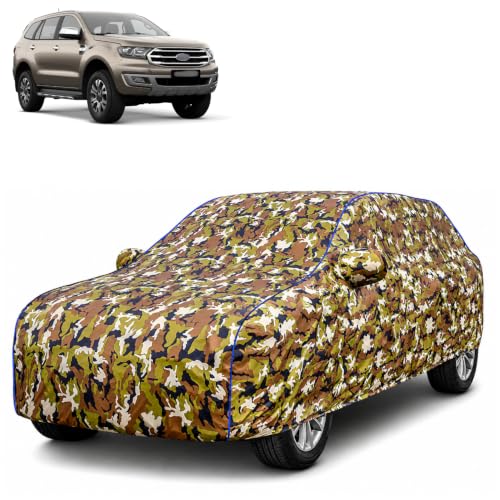 Image of Waterproof Car Body Cover for Ford Endeavour with Mirror Pocket| Cotton Inner Lining | Triple Stitched | All Weather Protection | Dust, UV & Rain Proof (Camouflage with Blue Piping)