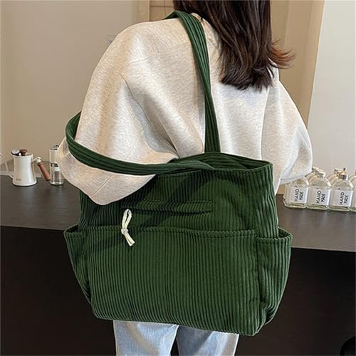 Image of Corduroy Tote Bag for Women, Multiple Pockets Large Hobo Shoulder Bag for Office & Shopping, Zipper Casual Handbags