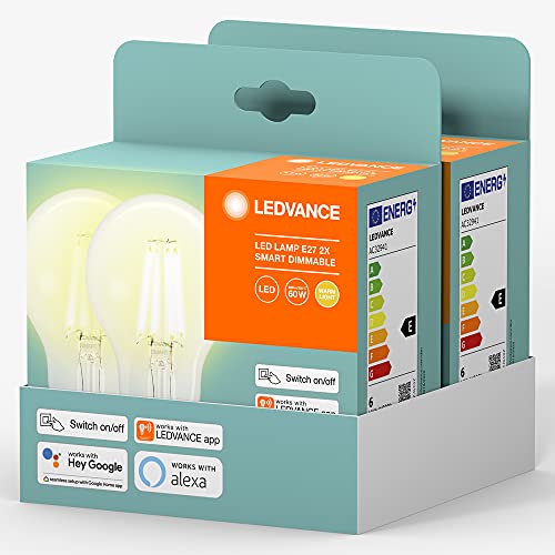 LEDVANCE lámpara LED inteligente con Bluetooth Mesh, también controlable con Alexa y Google, sustituye a las lámparas convencionales de 60W, blanco cálido (2700K), Dimmable, paquete de 4