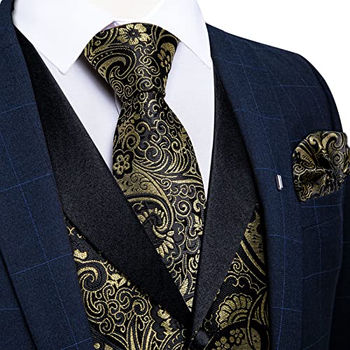 Image of DiBanGu Mens Paisley Vest Silk Sleeveless Suit Vest and Neck Tie Pocket Square Cufflinks Set for Wedding Formal