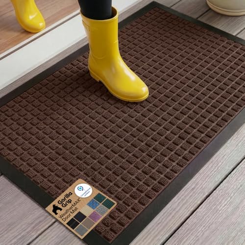 GORILLA GRIP 100% Waterproof All-Season WeatherMAX Doormat US Designed Natural Rubber, Stain and Fade Resistant, Low Profile Indoor Outdoor Door Mats, Easy Clean Patio Mat, 29x17, Coffee Square