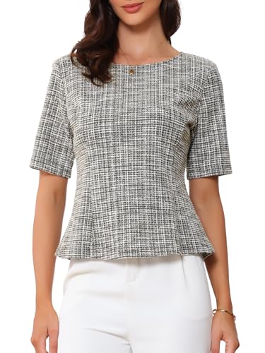 Allegra K Tweed Top for Women's Round Neck Short Sleeve Pullover Work Office Blouse