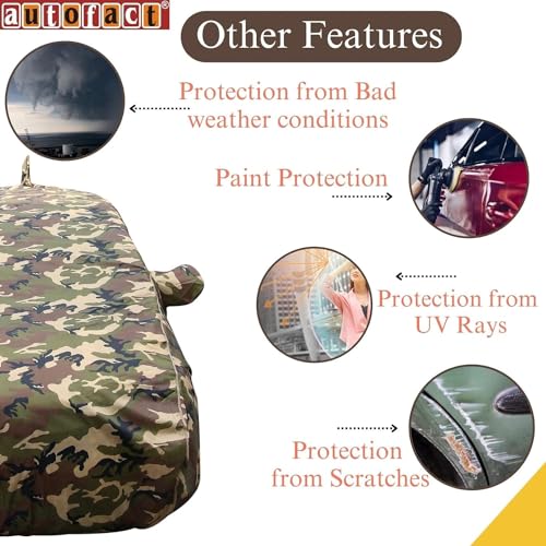 Image of Autofact 100% Waterproof Car Body Cover Compatible with Tata Nexon (2017 to 2023), with Mirror and Antenna Pockets,4 x 4 American Matty, Long Lasting Durable Material, Camouflage Army Look.