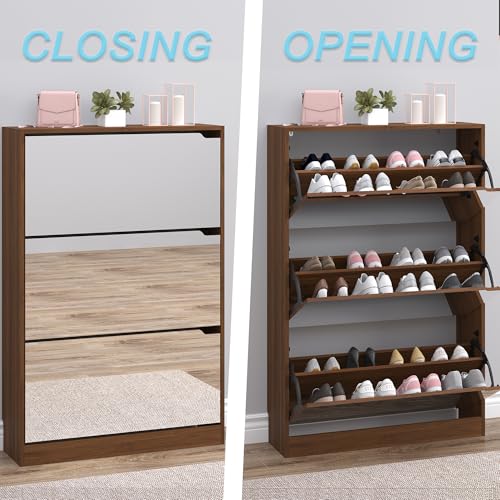 Image of BORNOON Shoe Cabinet with 3-Flip Mirror Drawers, Freestanding Shoe Rack Organizer with Hidden Handle, Slim Narrow Shoe Storage Cabinet for Entryway, Entrance, Hallway, Bedroom