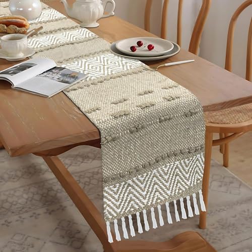 Image of Luxe Home Elegant Beige and White Woven Table Runner with Tassels - Mix Cotton Jute 13 x 74 Inch, Zig Zag - Perfect for Dining Table, Center Table, Decor