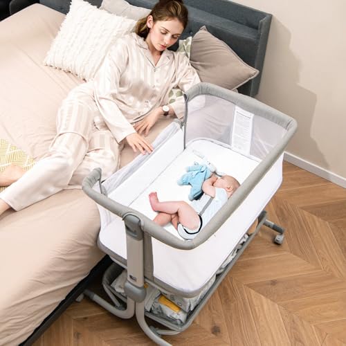 Image of INFANS 3 in 1 Baby Bassinet, Bedside Sleeper with Comfy Mattress, Wheels, 6 Height Adjustable, Storage Basket, Travel Bag, Portable All Mesh Crib for Newborn Infant (Gray)